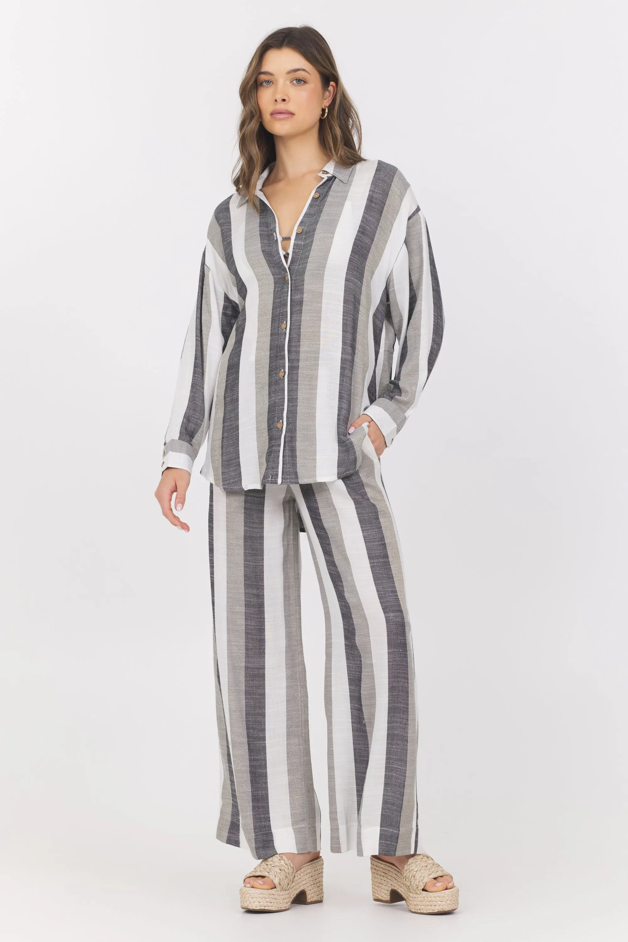 Lightweight Metallic Stripe Button Down
