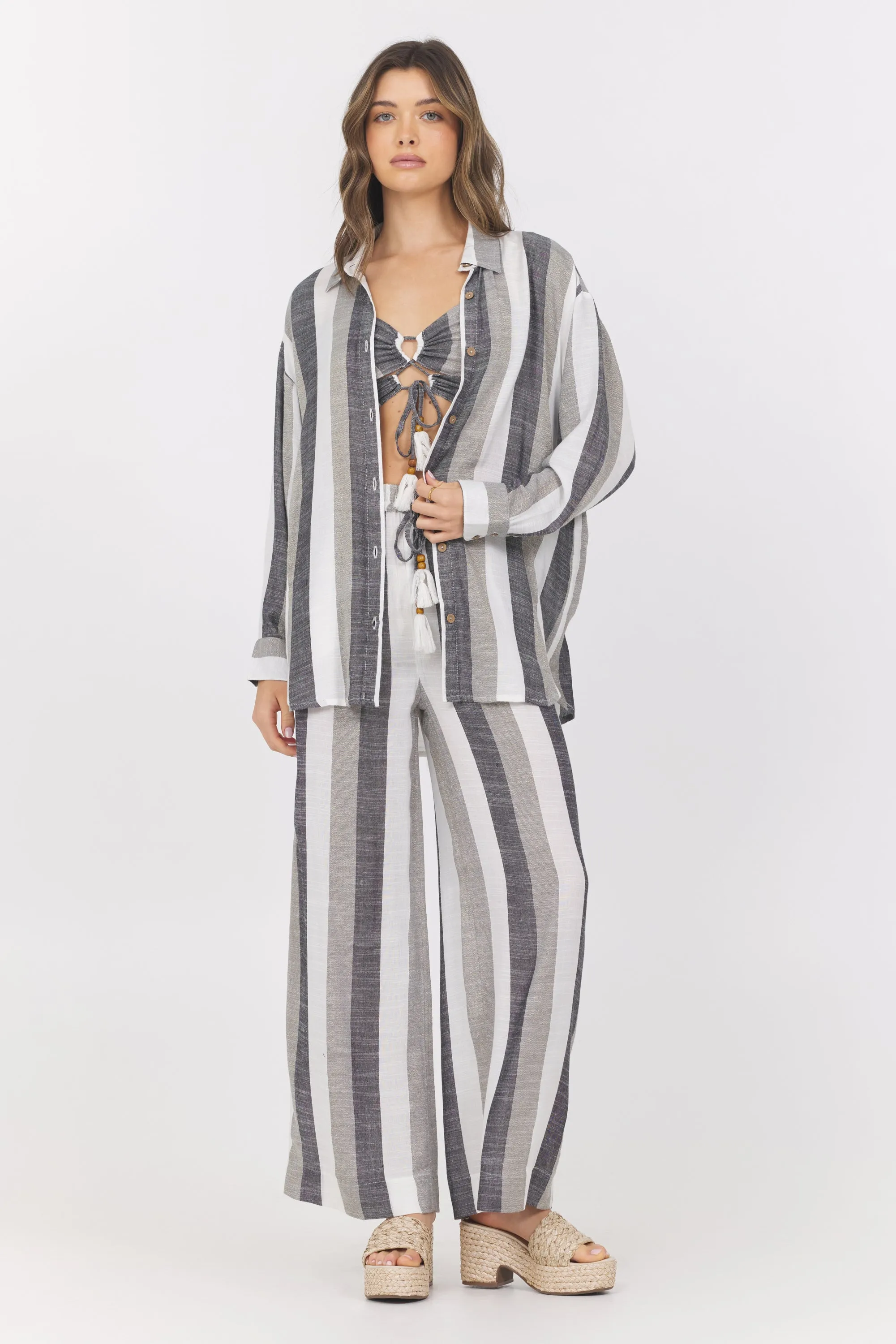 Lightweight Metallic Stripe Button Down