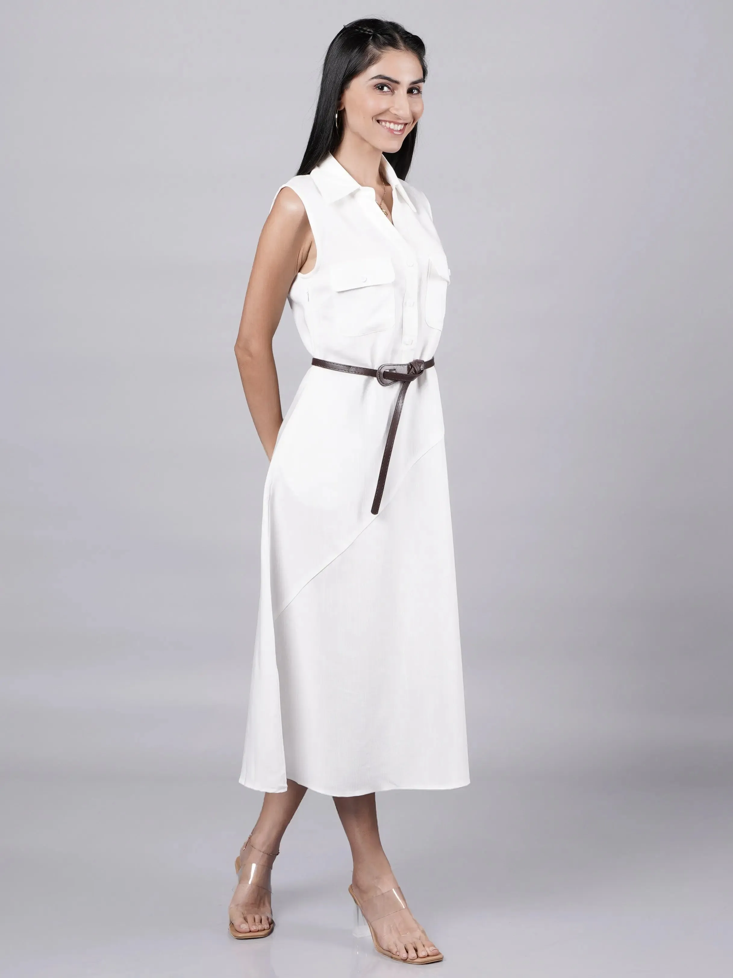 Sleeveless A-Line White Shirt Dress French Theory