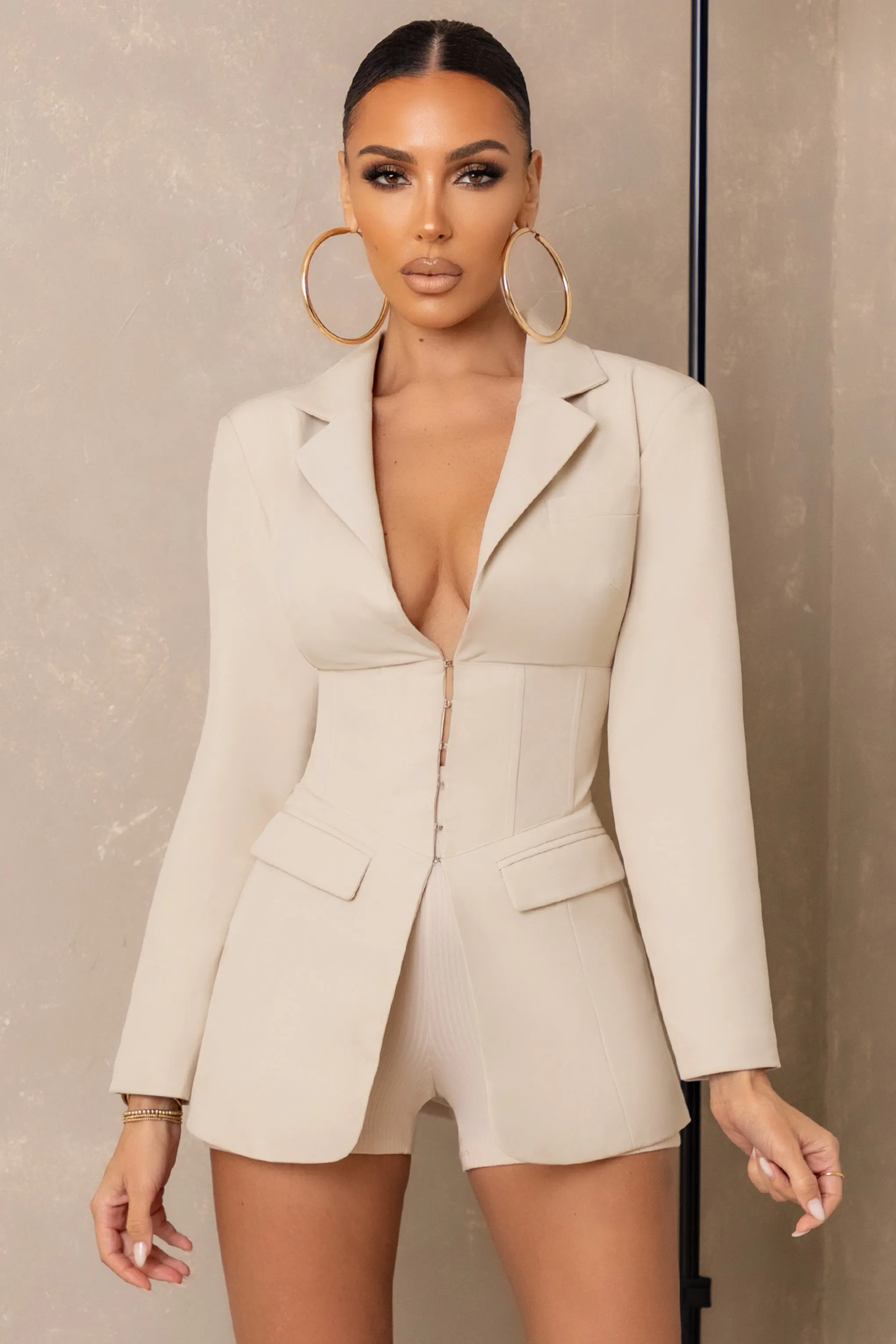 Unbeaten | Cream Plunge Corset Waist Blazer Club L London
