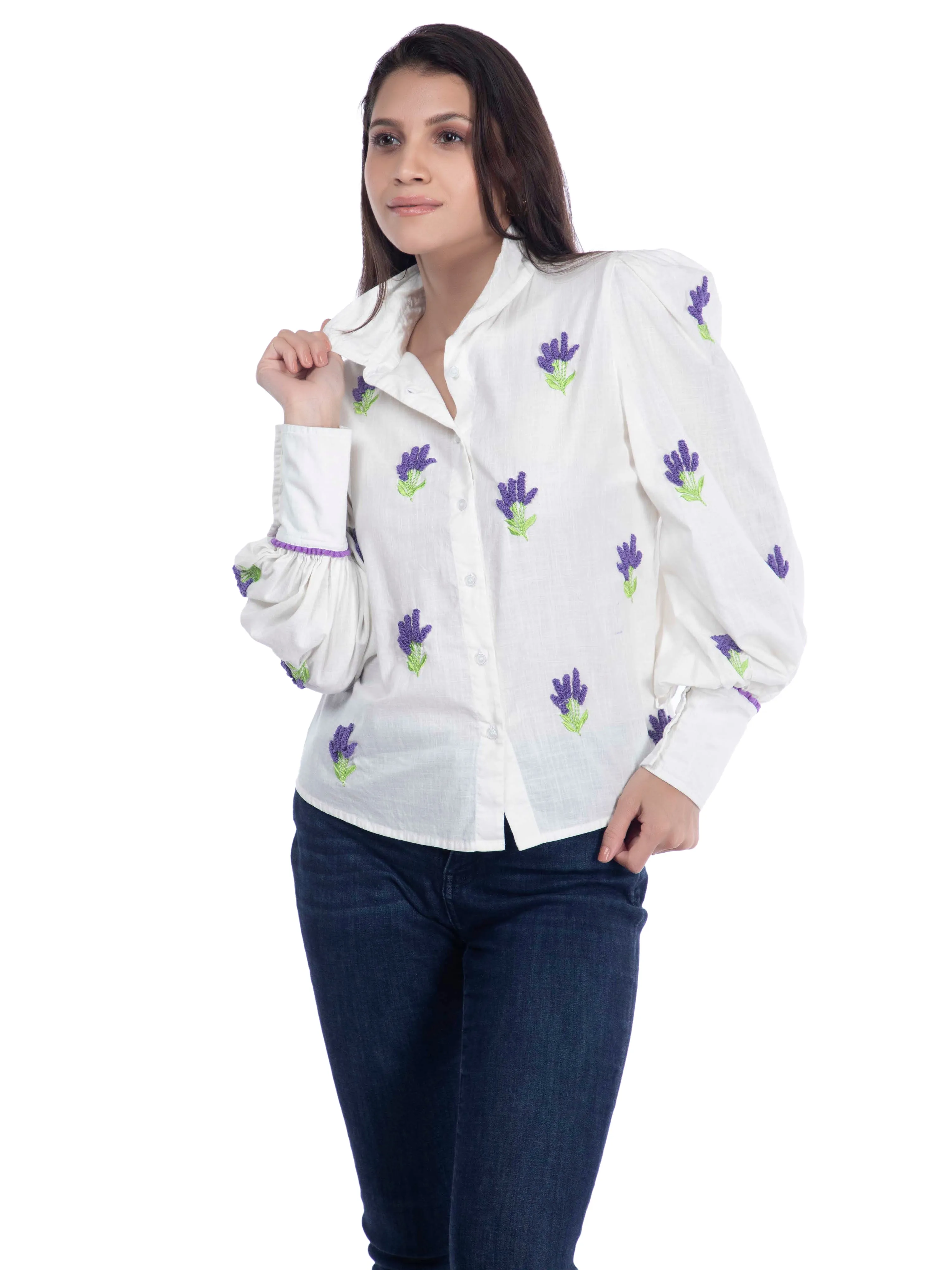 White Shirt with Embroidered Cotton Linen Design French Theory