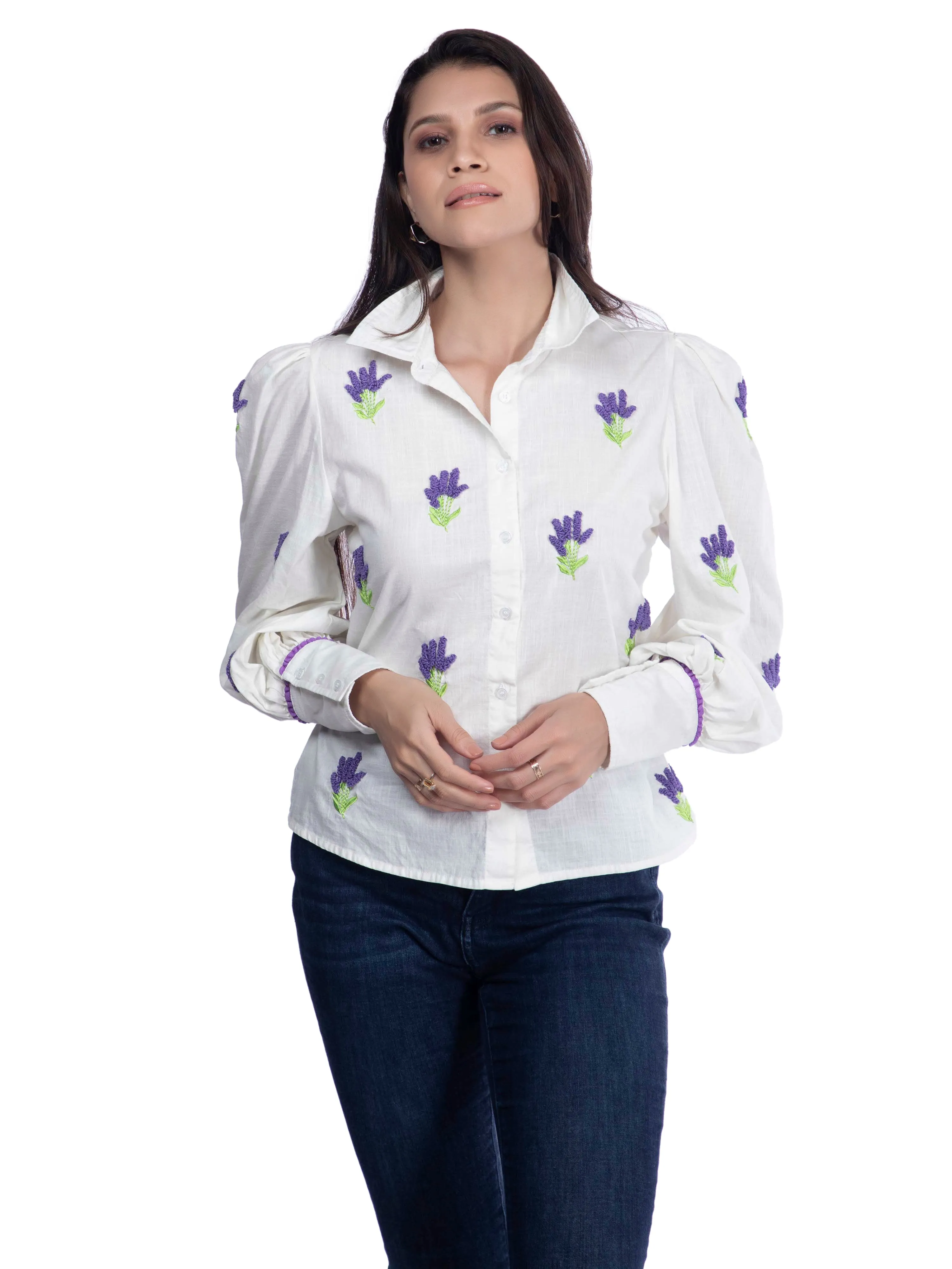 White Shirt with Embroidered Cotton Linen Design French Theory