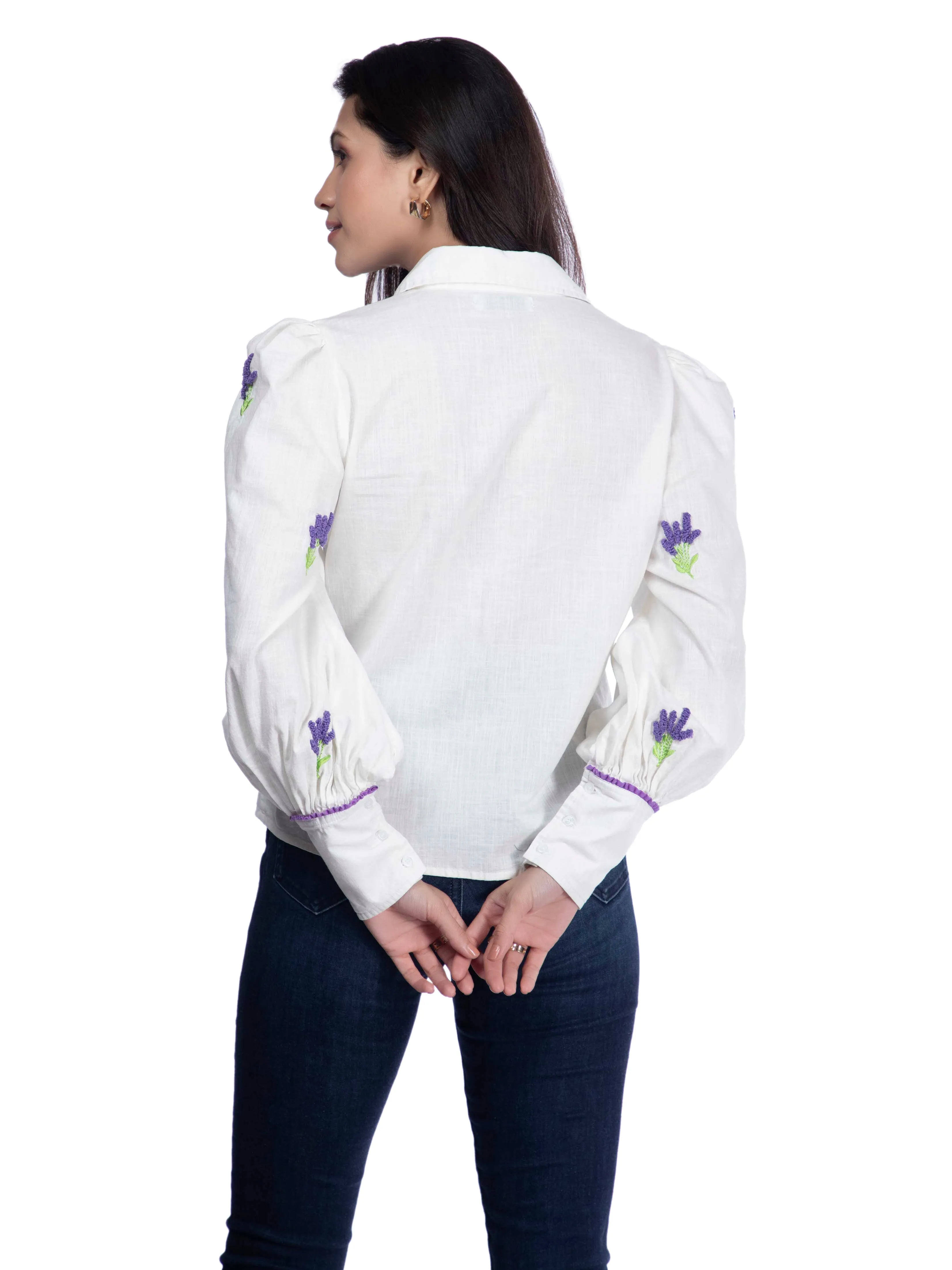 White Shirt with Embroidered Cotton Linen Design French Theory