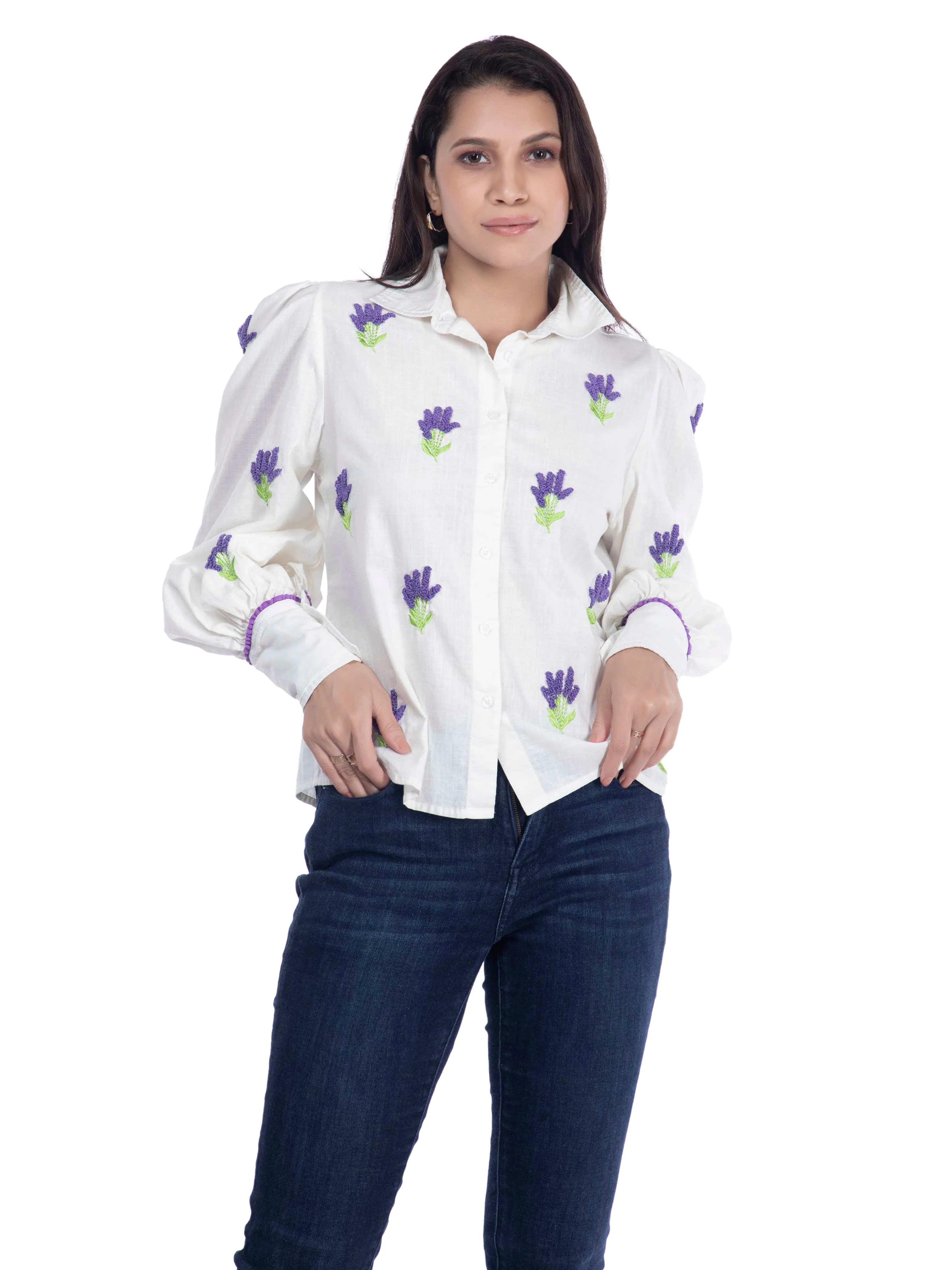 White Shirt with Embroidered Cotton Linen Design French Theory