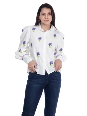 White Shirt with Embroidered Cotton Linen Design French Theory