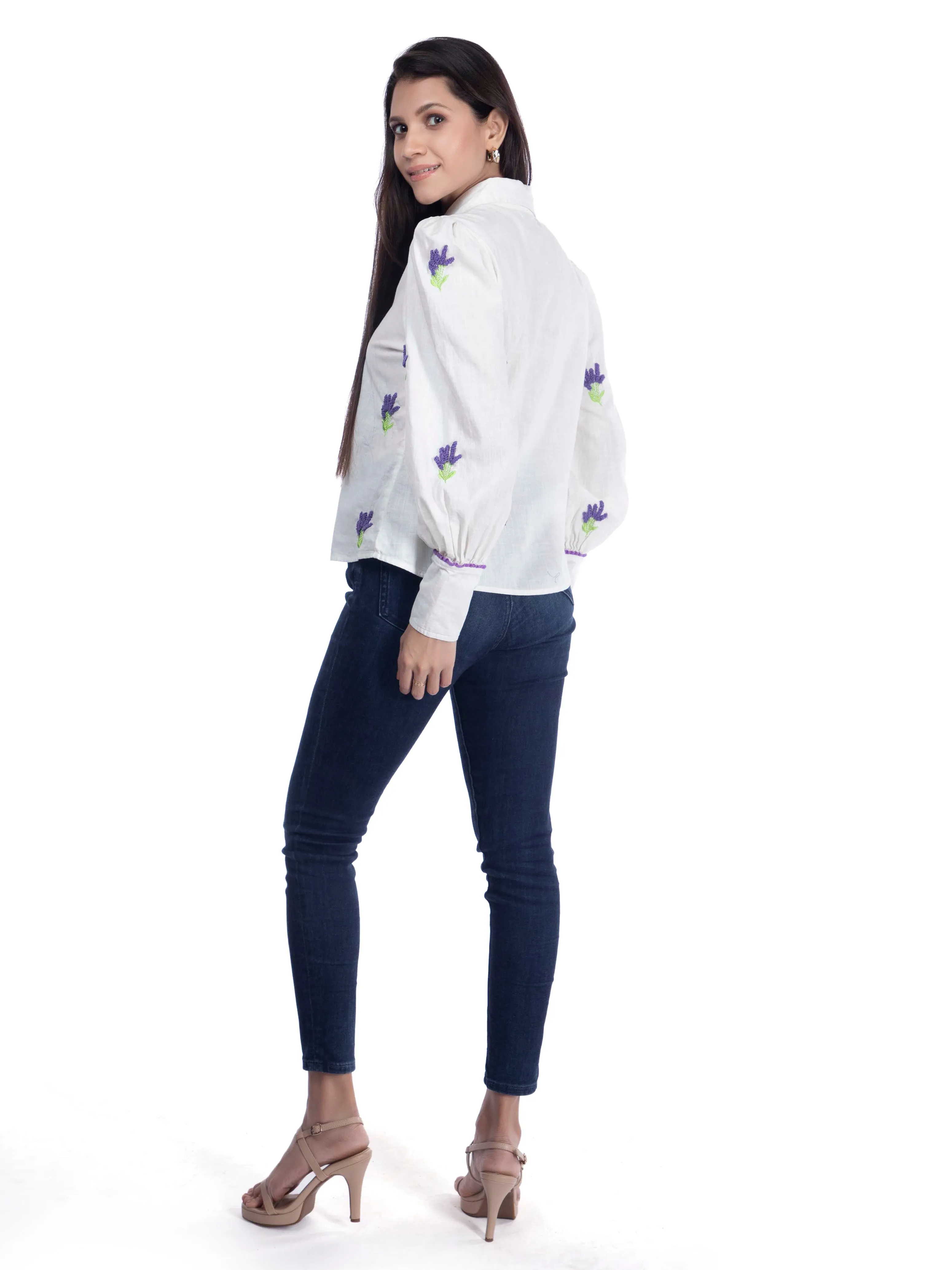 White Shirt with Embroidered Cotton Linen Design French Theory